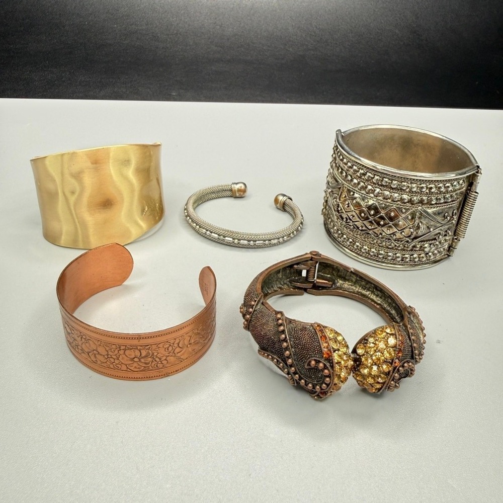 Bracelet Jewelry Lot of 5 Boho Gold Silver Copper Tone Rhinestone Cuff READ